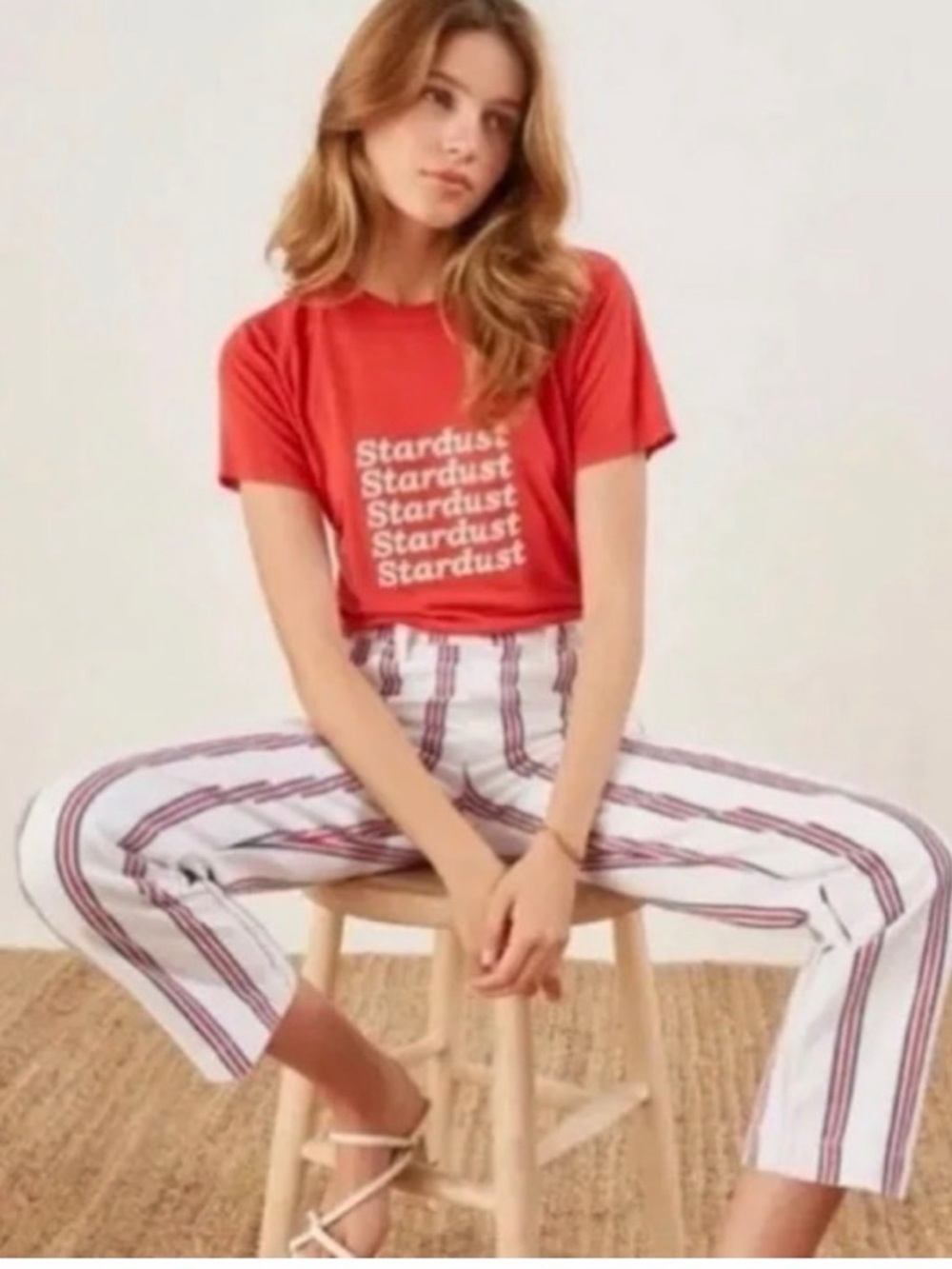 Reformation White Jeans with Red and Navy Stripe